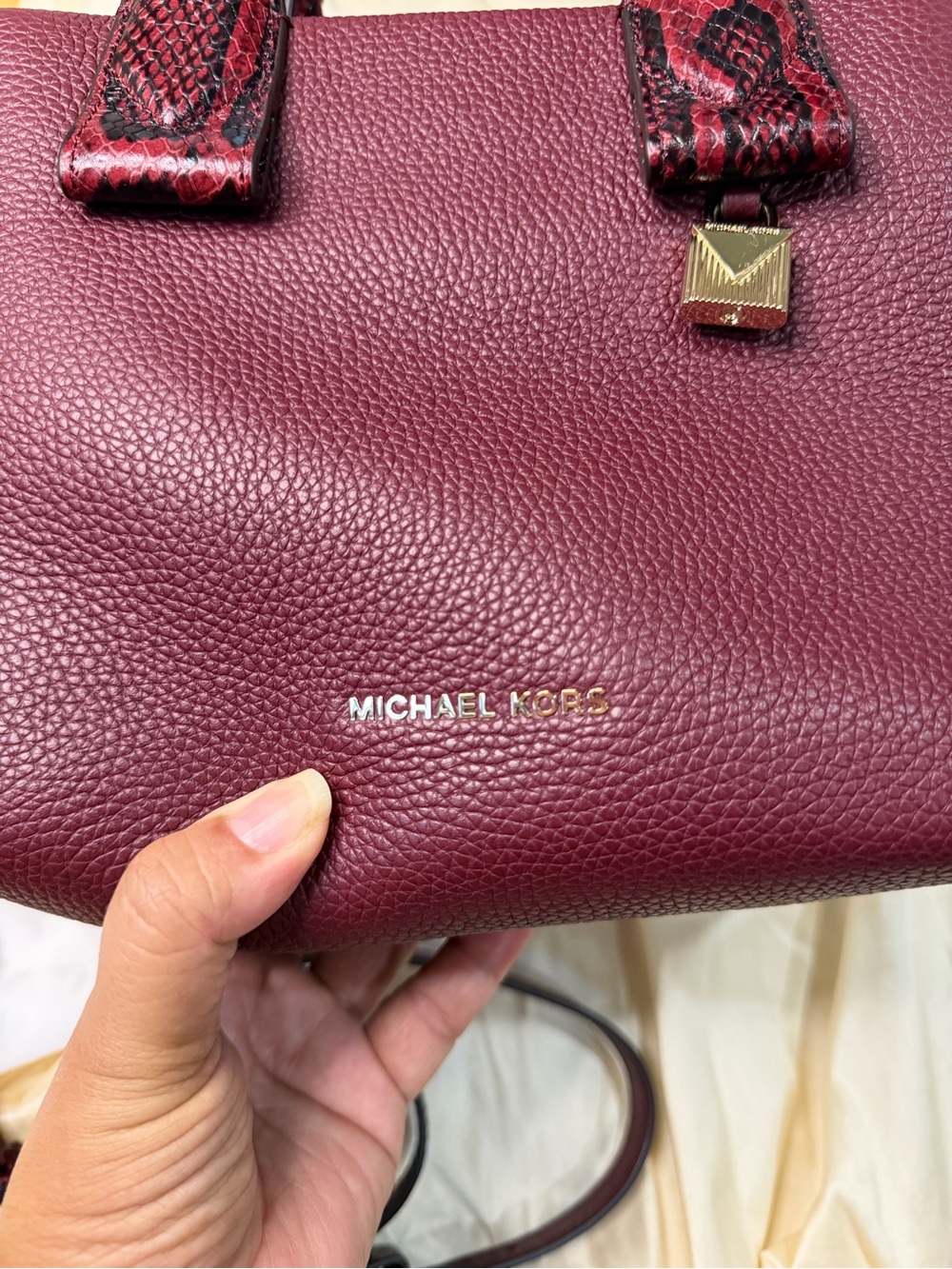 Michael Kors Rollins Small Snake-Embossed Leather Satchel Color Oxblood Burgundy - Picture 2 of 16